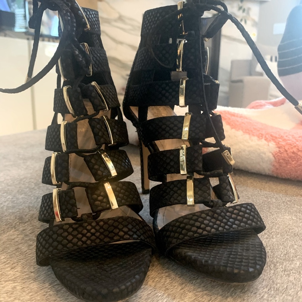 Black snake skin lace up booties